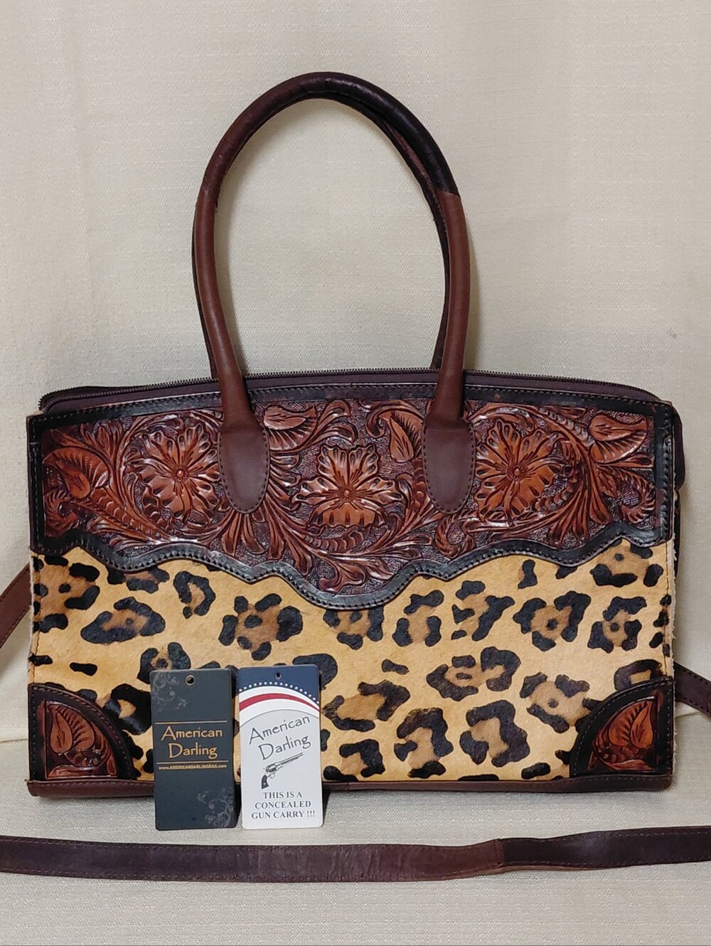 American Darling Brown Tooled Leather & Leopard Hair On Concealed Carry Bag